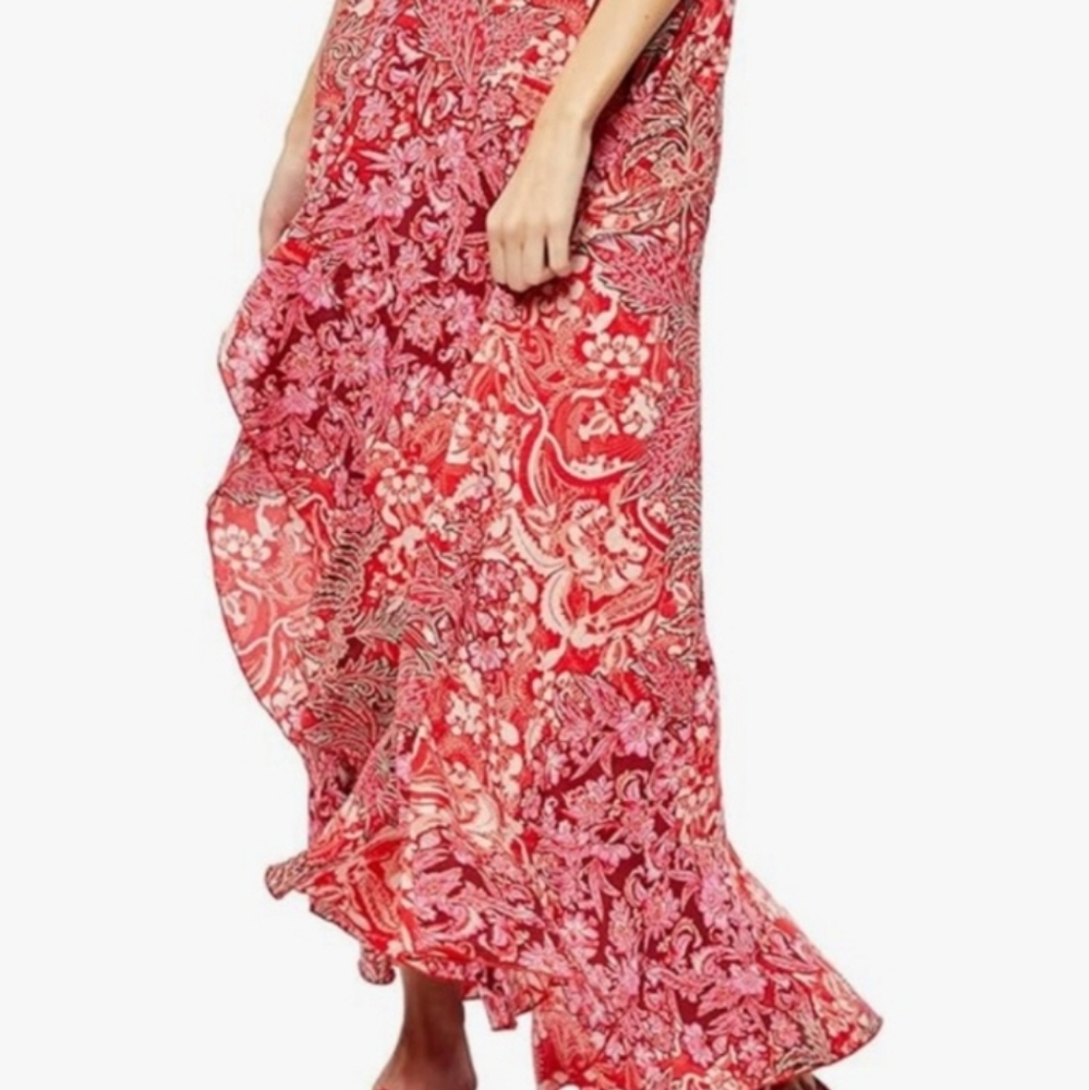 Free People Forever Yours Smocked Slip Dress Maxi Ruffled Slit Floral Red Sm NWT - Picture 10 of 16